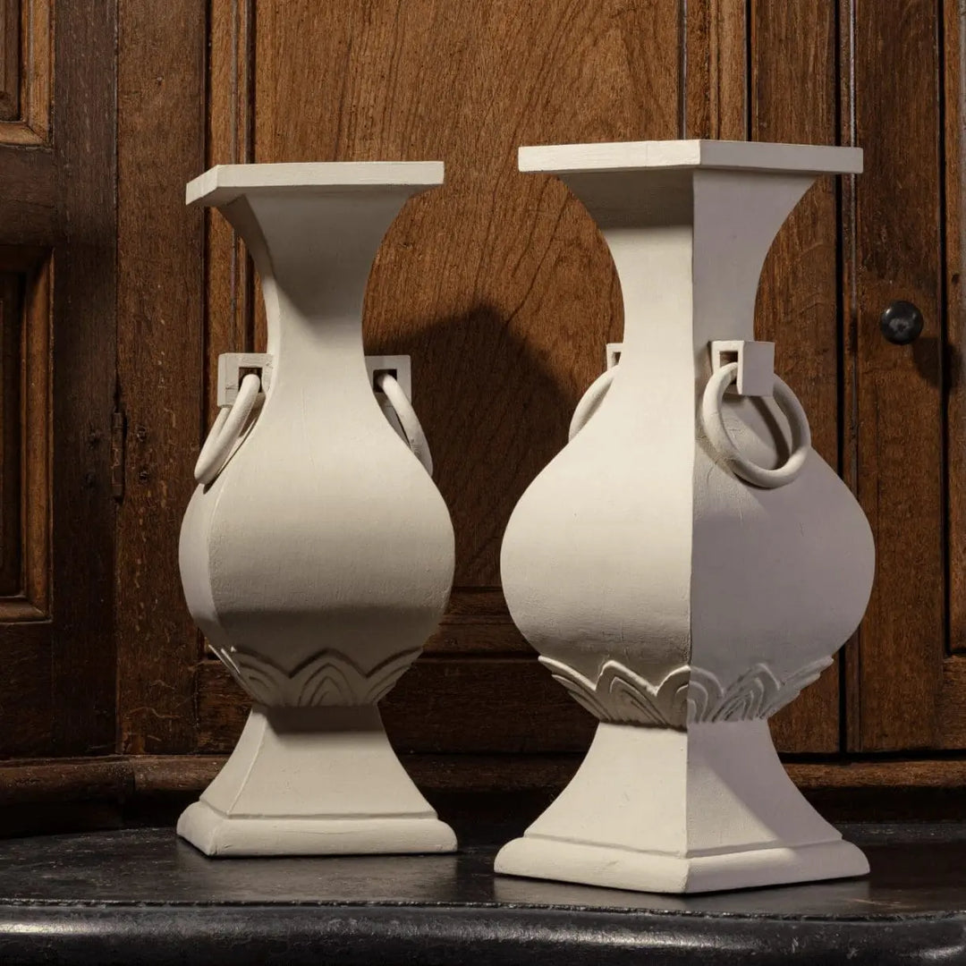 Pair of Classical Chinese Lamps with white painted carved wooden baluster bases and ring handles, white wash finish.