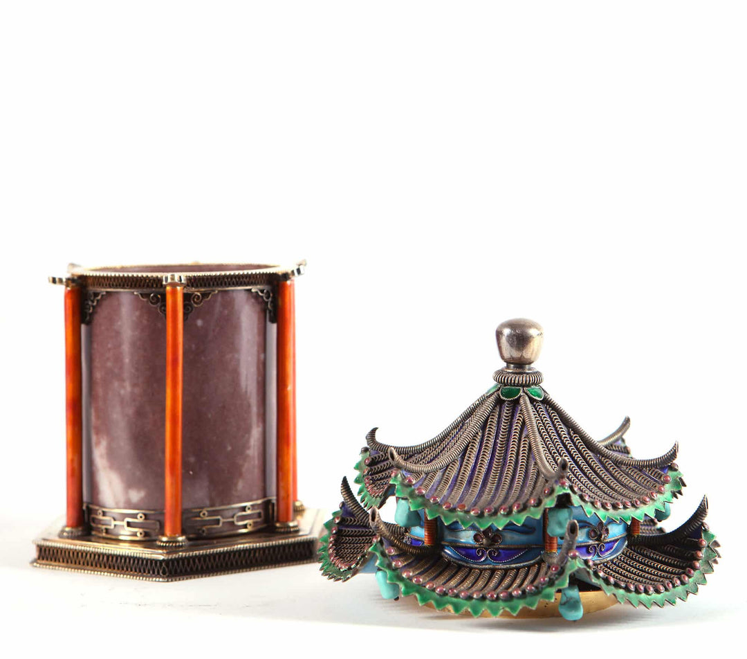 Chinese silver gilt pagoda temple casket with jade and enamel by Nwtiques, 20th century decorative box