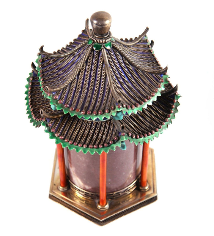 Chinese silver gilt jade and enamel pagoda temple casket with turquoise beads by Nwtiques circa 1960