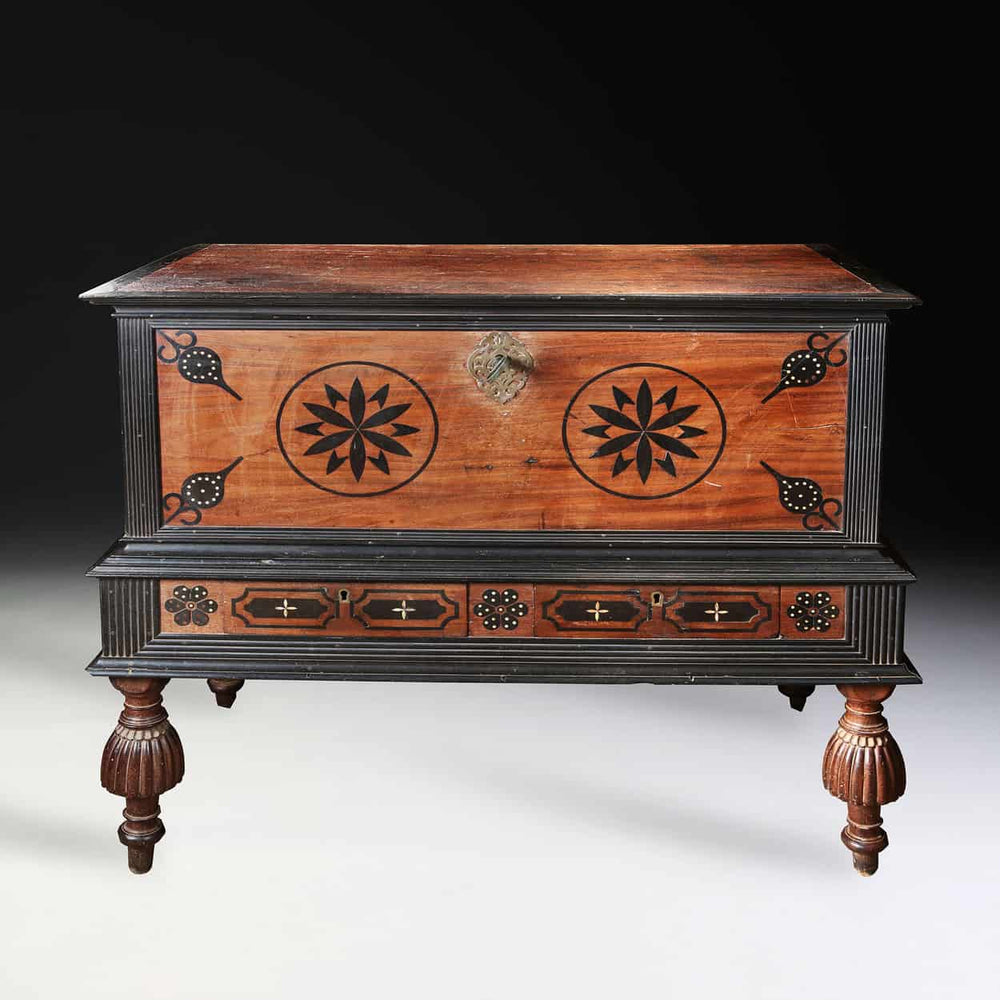 Rare late 17th-century inlaid satinwood and ebony coffer on stand from Collection EE40 with intricate craftsmanship