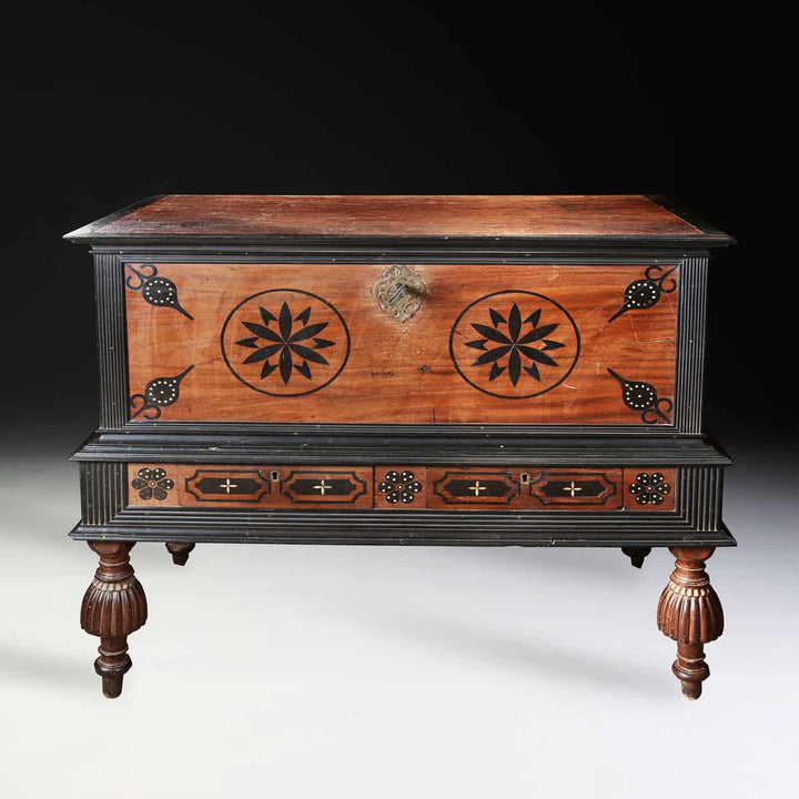 Rare late 17th-century inlaid satinwood and ebony coffer on stand from Collection EE40 with intricate craftsmanship