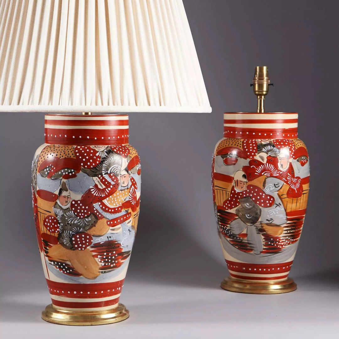 Decorative pair of Japanese 20th Century Vases Mounted as Table Lamps with traditional red and gold designs circa 1930.