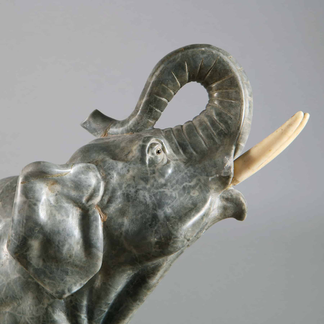 Grey Marble sculpture of an Elephant with raised trunk carved from grey marble on a Portoro marble base circa 1880