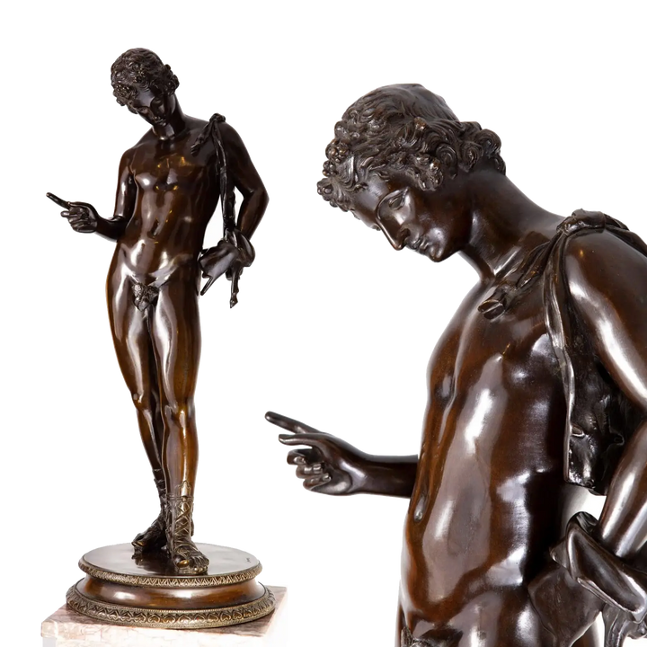 Dionysus – “Narcissus” 19th Century Bronze Statue with black-brown patina, depicting Narcissus in classical pose.