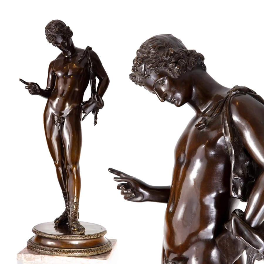 Dionysus – “Narcissus” 19th Century Bronze Statue with black-brown patina, depicting Narcissus in classical pose.