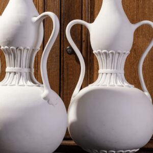 Pair of Swan Neck Double Gourd Lamps By Andrew Allfree, white painted with elegant swan neck handles, circa 2000, 61 cm tall.