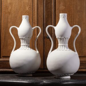 Pair of Swan Neck Double Gourd Lamps By Andrew Allfree, white painted with swan neck handles, circa 2000, 61 cm tall.