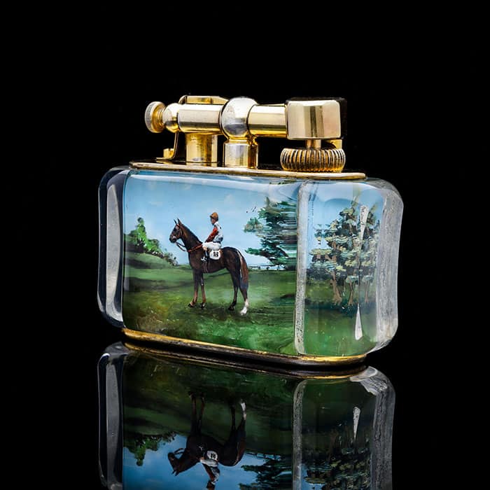 Rare Dunhill ‘Aquarium’ horse racing table lighter by Nwtiques with detailed painted glass sides and gold plating