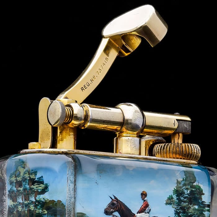 Rare Dunhill Aquarium table lighter gold plated with horse racing scene by Nwtiques