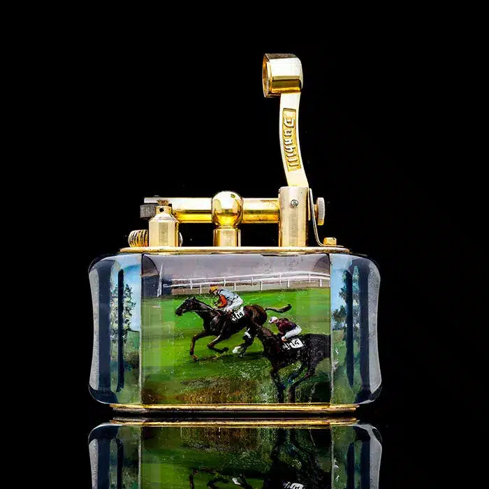 Rare gold plate Dunhill ‘Aquarium’ table lighter by Nwtiques featuring horse racing scene