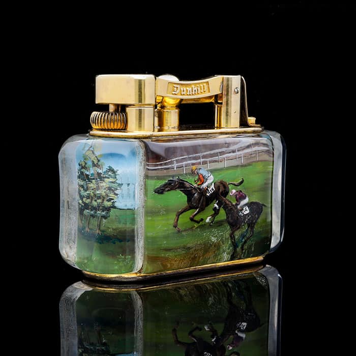 Rare Nwtiques Dunhill gold plate ‘Aquarium’ table lighter featuring 1955 Ascot horse racing scene