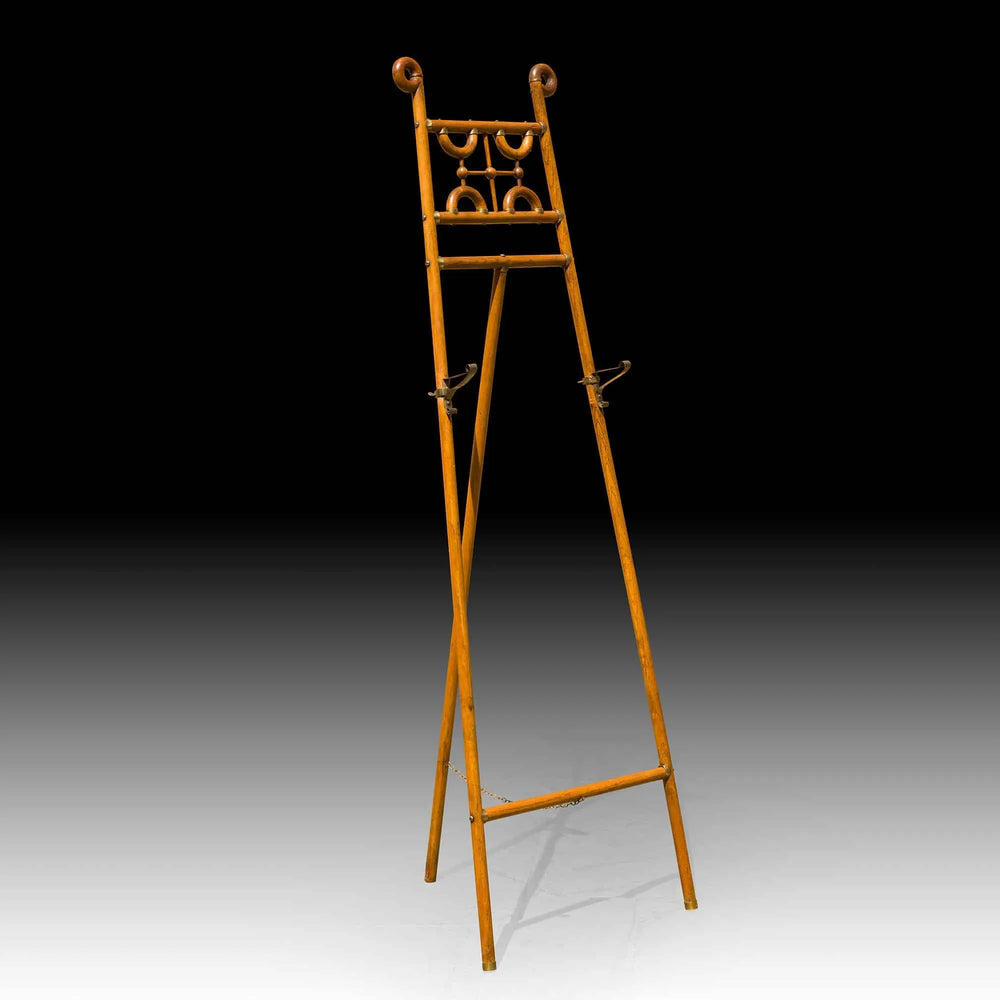Arts and Crafts oak and brass easel with geometric motifs by Collection CK10, circa 1900, elegant vintage display stand
