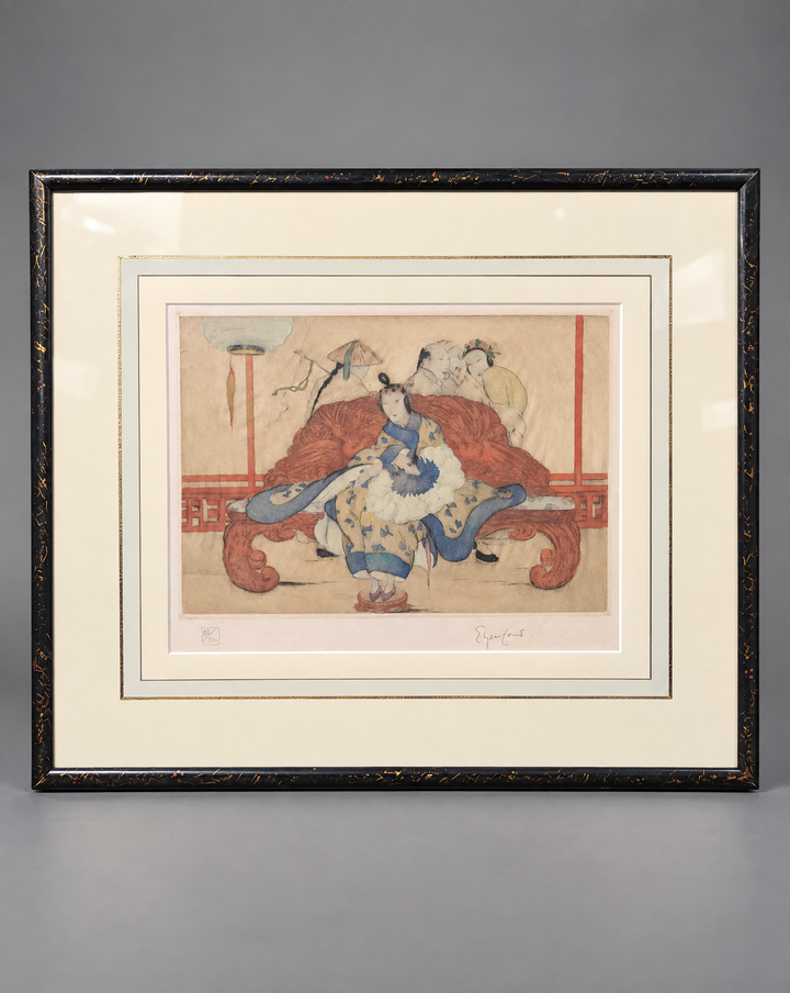 A framed art print featuring a Japanese-style illustration of a woman seated on a red bench, surrounded by cream matting and a black frame with gold detailing, set against a neutral gray background.