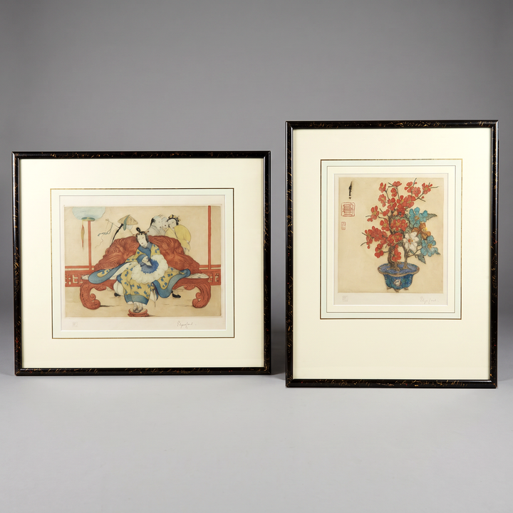 Two framed art prints by Elyse Ashe Lord  The left print features a traditional Japanese-style illustration of figures in flowing robes, and the right print shows a floral artwork with red blossoms and blue details on a beige background.