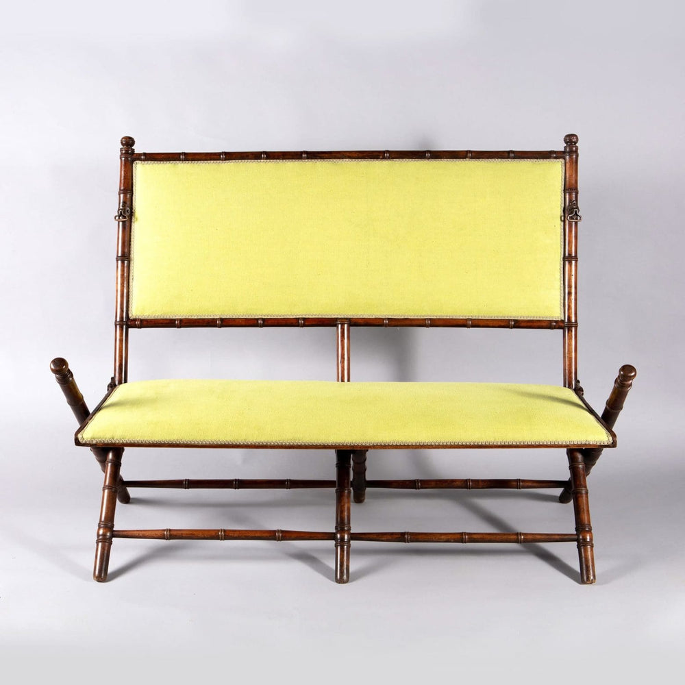 Edwardian folding simulated bamboo settee with yellow upholstery by Collection TH20, elegant and portable design