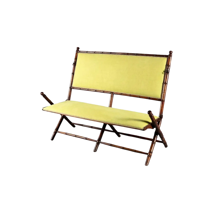 Edwardian folding simulated bamboo campaign settee with green upholstery by Collection TH20, circa 1910, elegant design