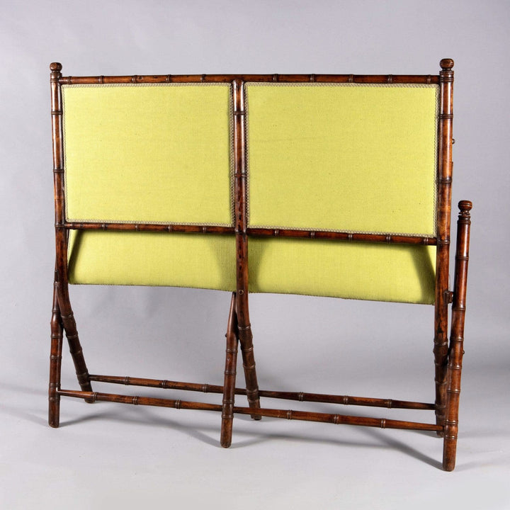 Edwardian folding simulated bamboo campaign settee with green upholstery from Collection TH20, circa 1910 England