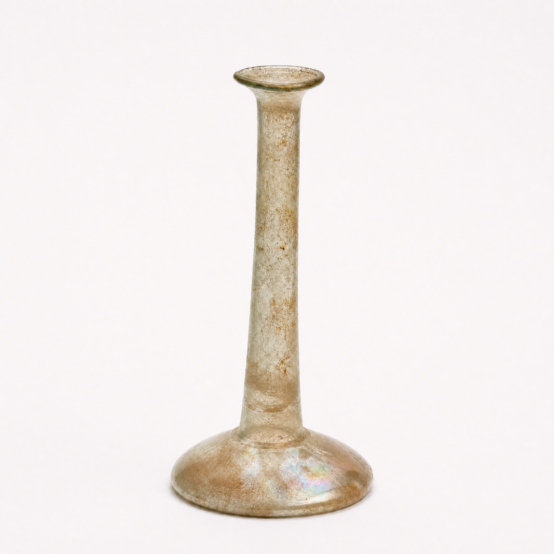 A Large Roman Clear Glass Candlestick Unguentarium