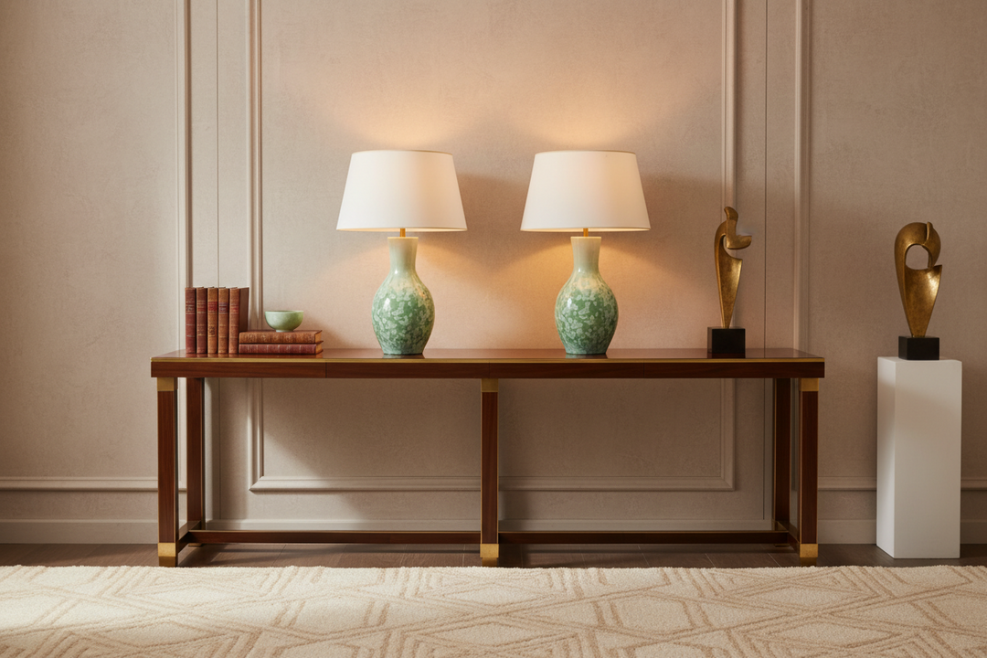 A Fine Pair of Large Pear-Shaped Celadon Table Lamps with Crystalline Glaze by Nwtiques