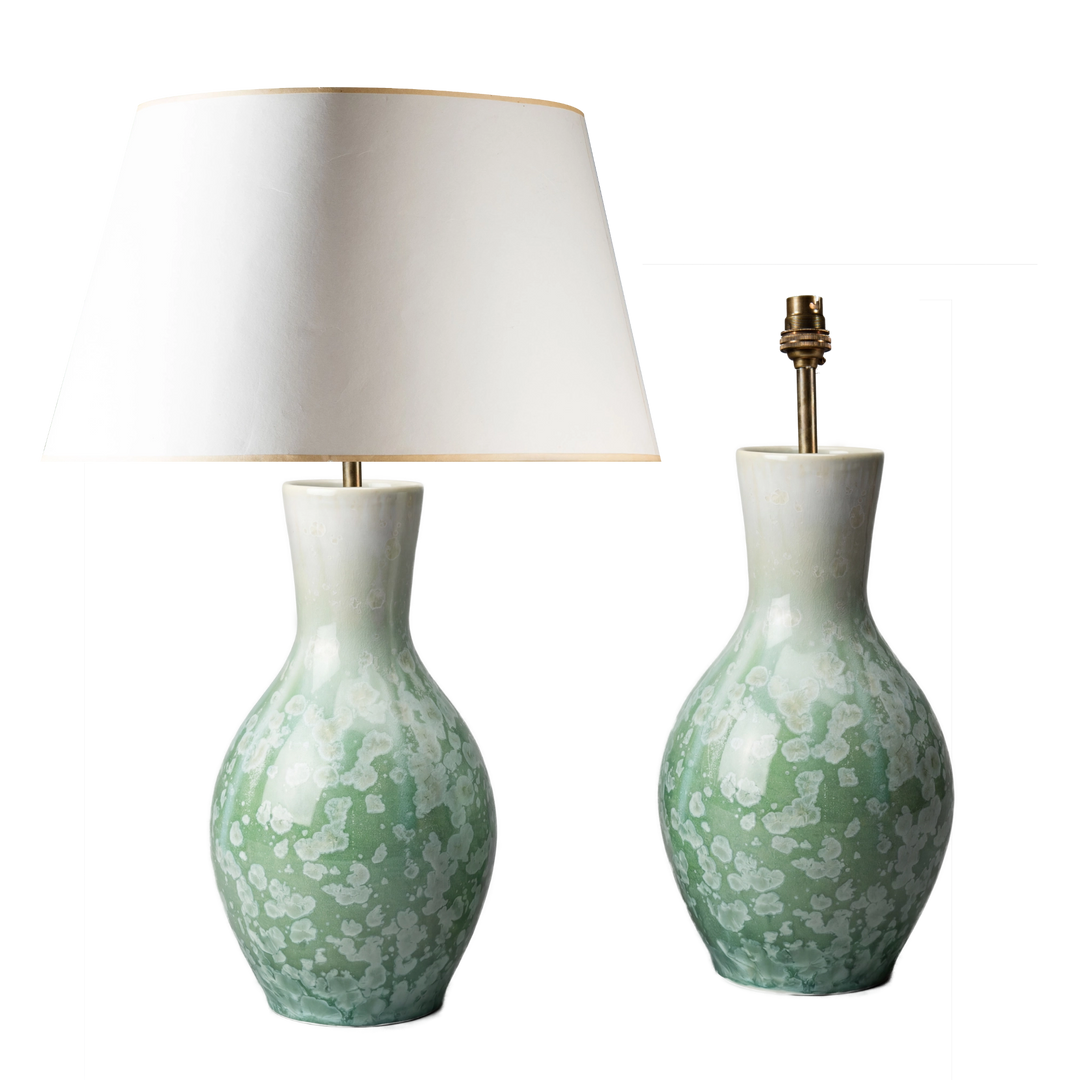 Large pear-shaped celadon table lamps with crystalline glaze by Nwtiques, elegant classical design