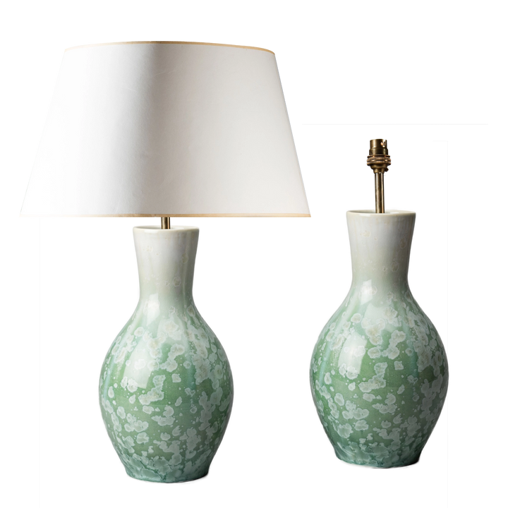 Large pear-shaped celadon table lamps with crystalline glaze by Nwtiques, elegant classical design