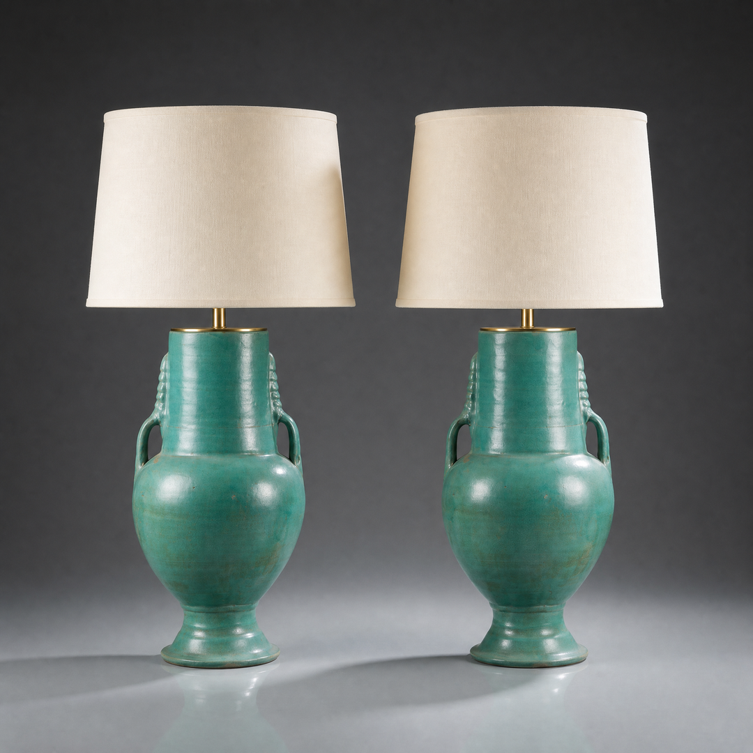 Pair of Tamegroute Green Glazed Pottery Vases Mounted as Table Lamps