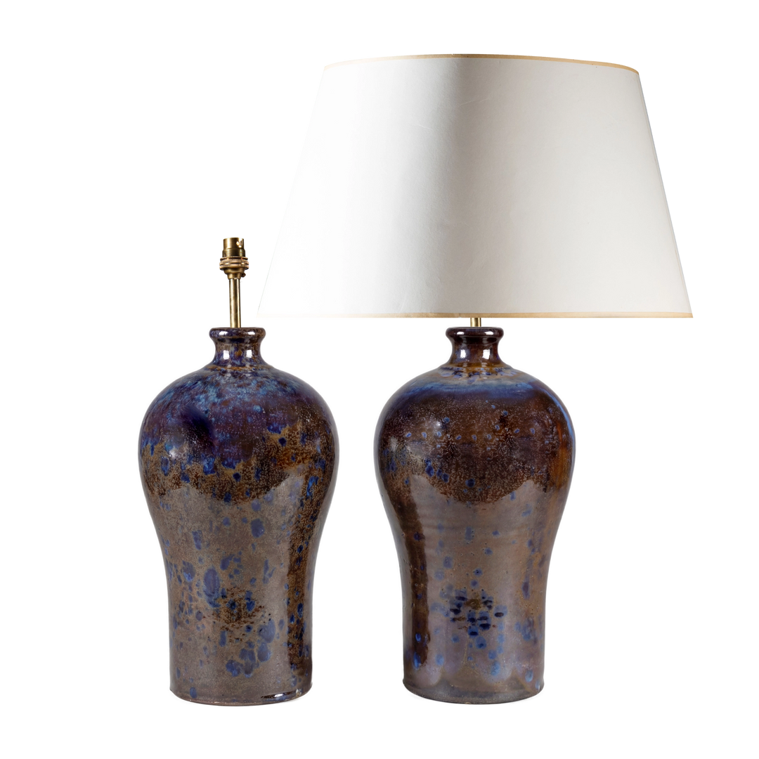 Pair of Meiping-form ceramic table lamps with blue-mottled brown glaze by Nwtiques, featuring white shades