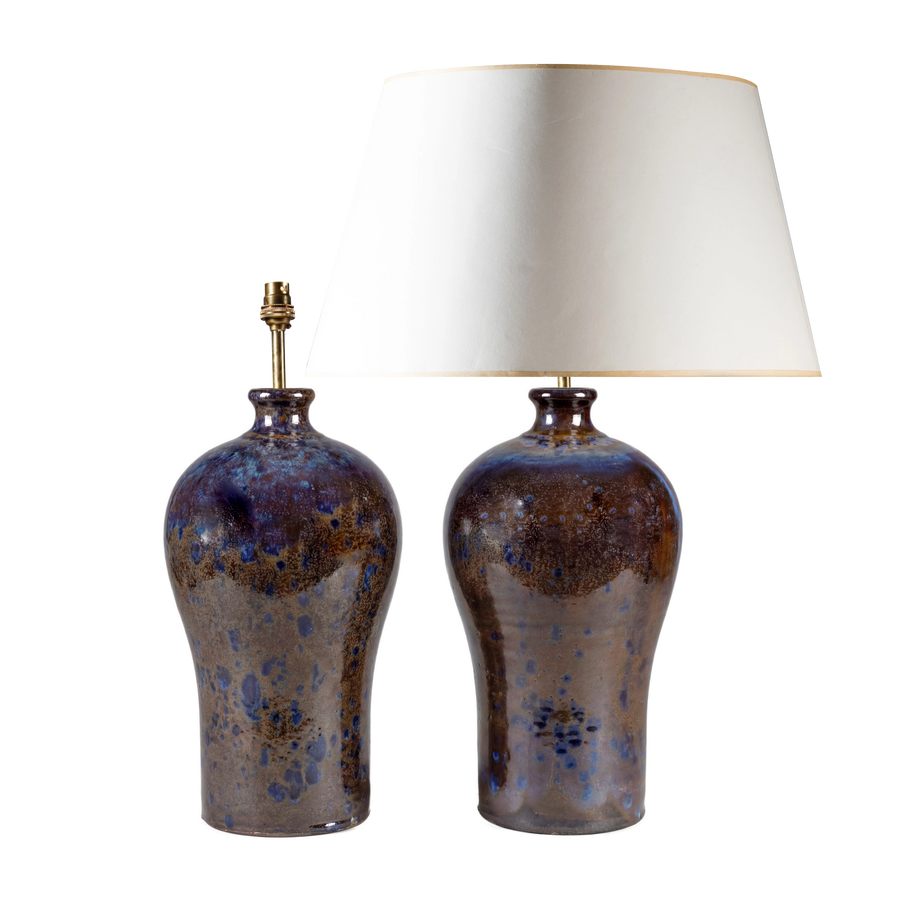 Pair of Meiping-form ceramic table lamps with blue-mottled brown glaze by Nwtiques, featuring white shades