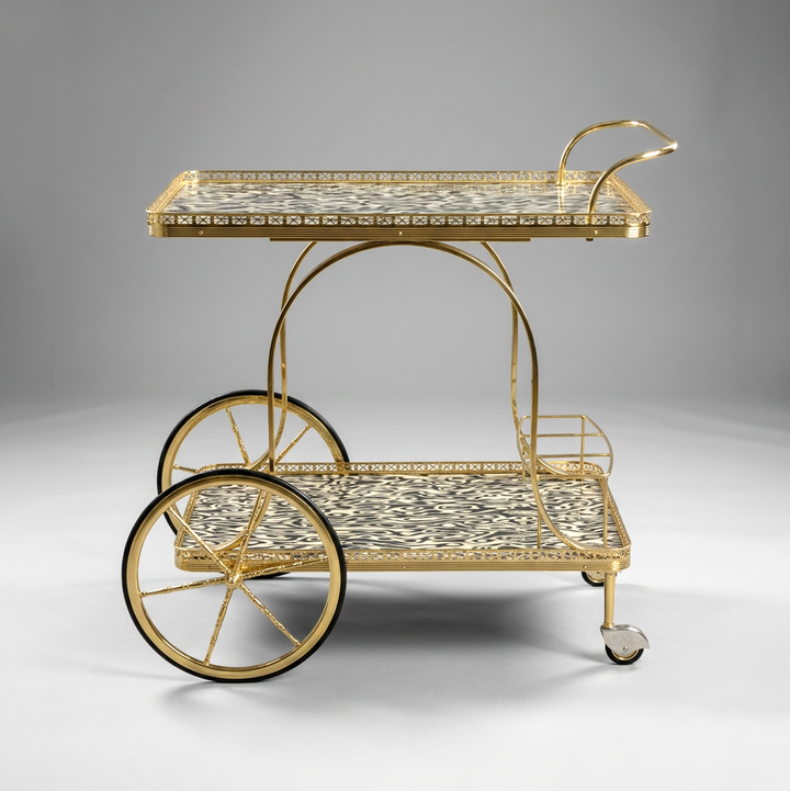 Mid-Century Brass Bar Cart with Two-Tone Veneered Trays
