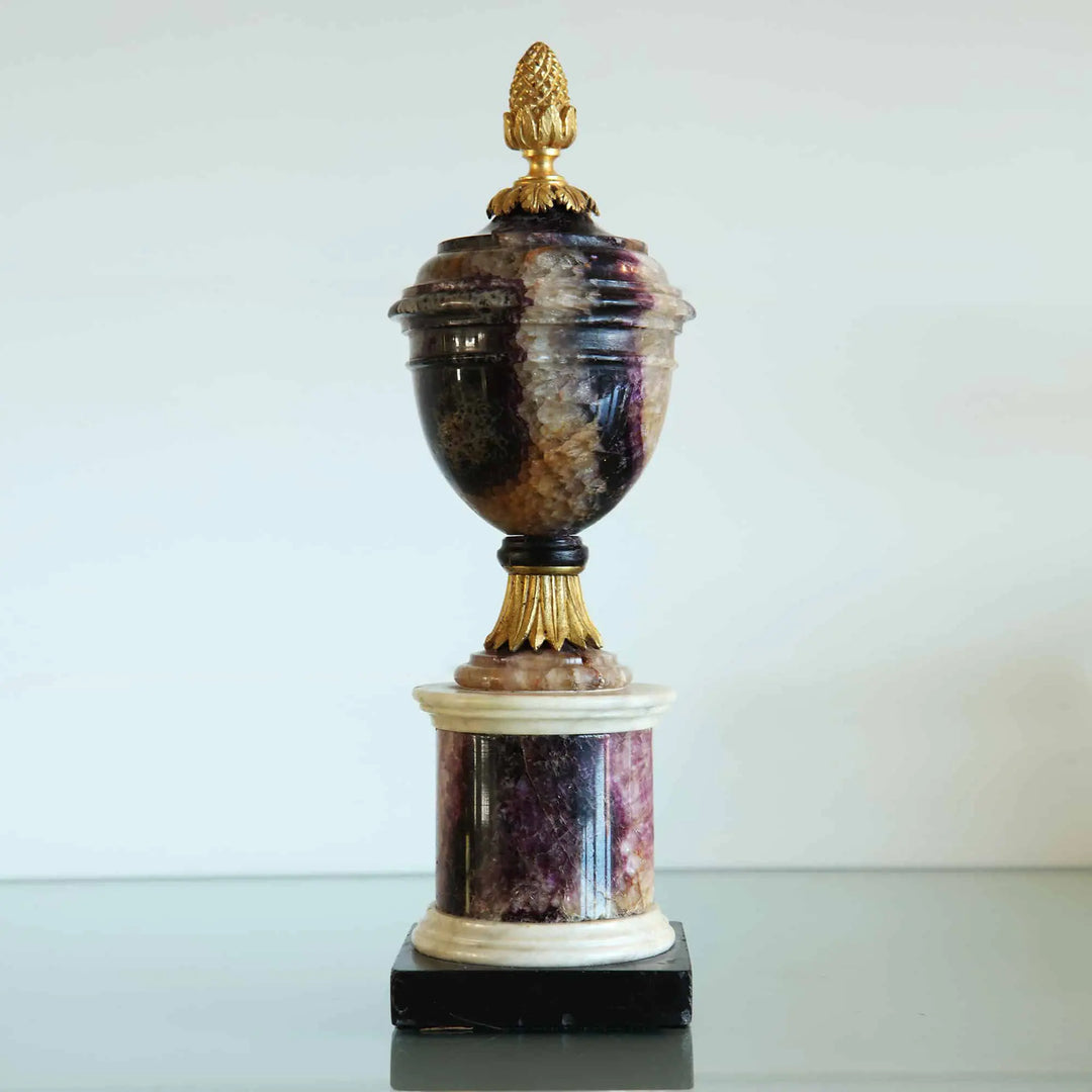 George III Blue John urn with gilt bronze finial and marble base by Collection CK20, circa 1790 England.