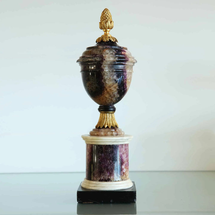 George III Blue John urn with gilt bronze finial and marble base by Collection CK20, circa 1790 England.