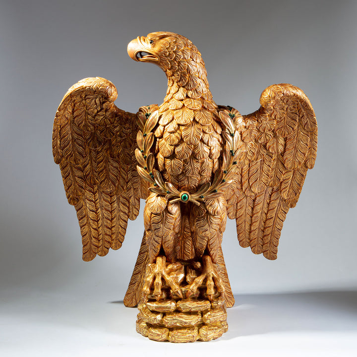 Monumental Carved and Gilded Imperial Eagle with Agate Eyes and Malachite Laurel Wreath