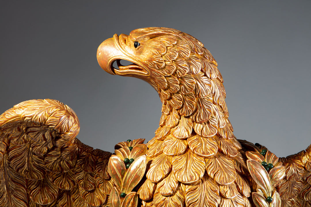 Monumental Carved and Gilded Imperial Eagle with Agate Eyes and Malachite Laurel Wreath