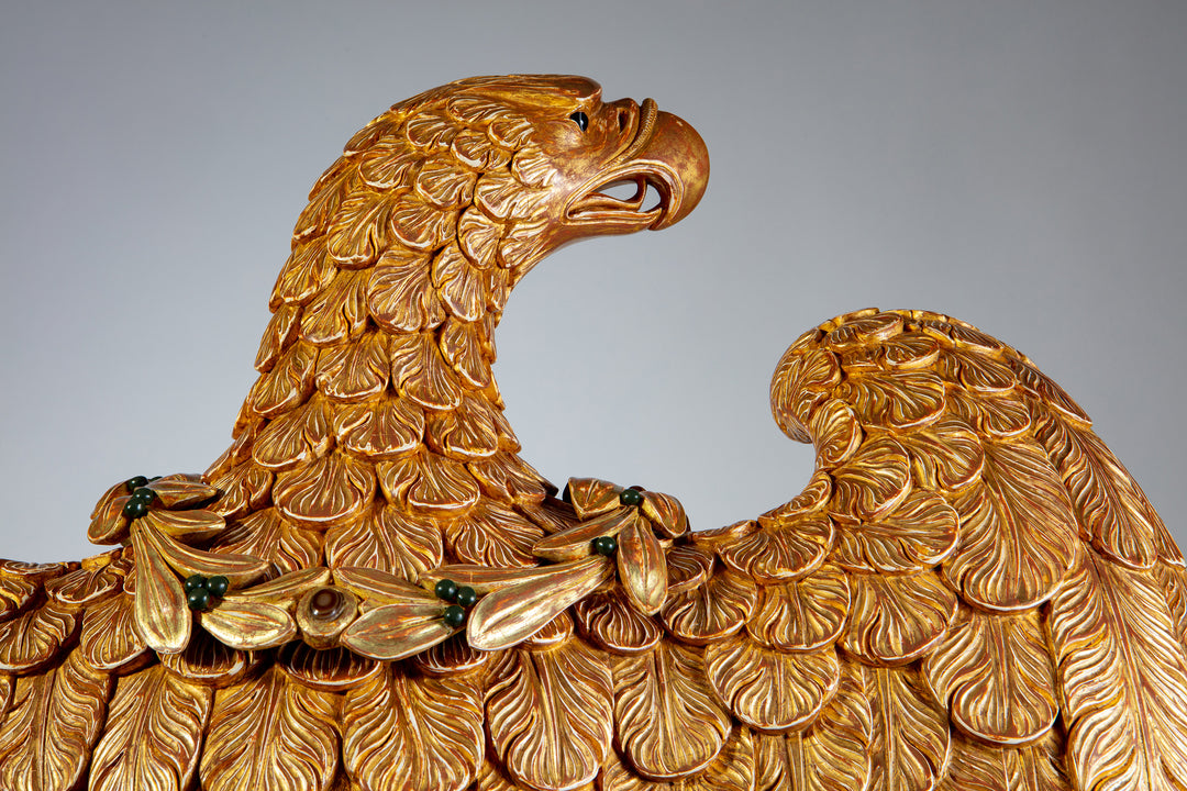 Monumental Carved and Gilded Imperial Eagle with Agate Eyes and Malachite Laurel Wreath