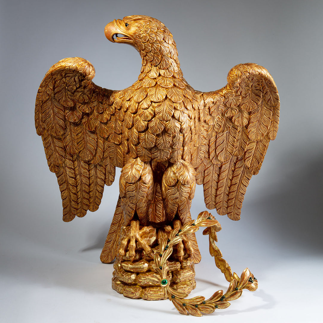 Monumental Carved and Gilded Imperial Eagle with Agate Eyes and Malachite Laurel Wreath