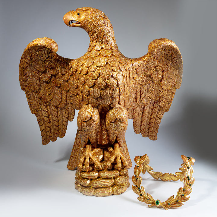 Monumental Carved and Gilded Imperial Eagle with Agate Eyes and Malachite Laurel Wreath