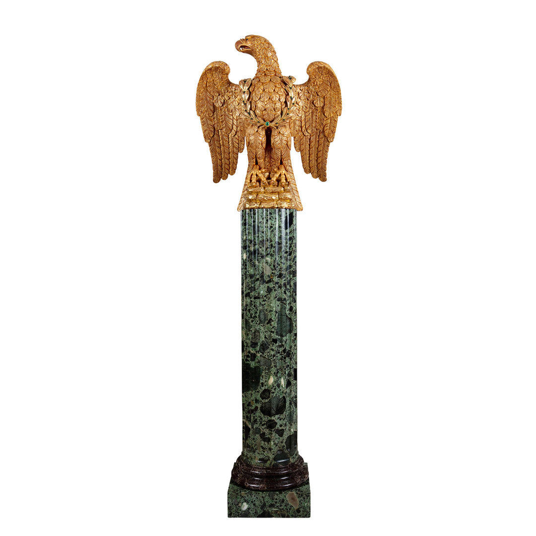 Monumental Carved and Gilded Imperial Eagle with Agate Eyes and Malachite Laurel Wreath