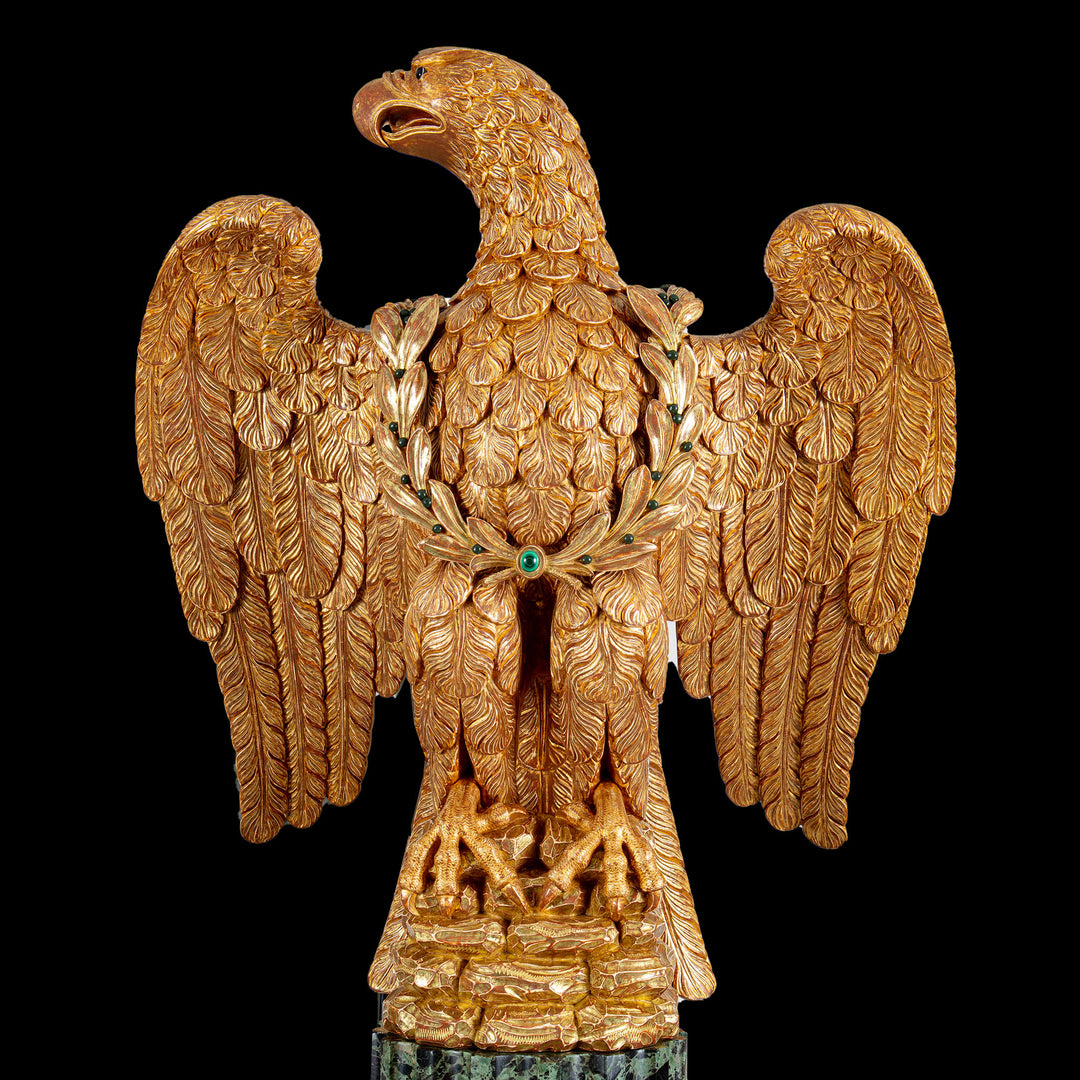 Monumental Carved and Gilded Imperial Eagle with Agate Eyes and Malachite Laurel Wreath