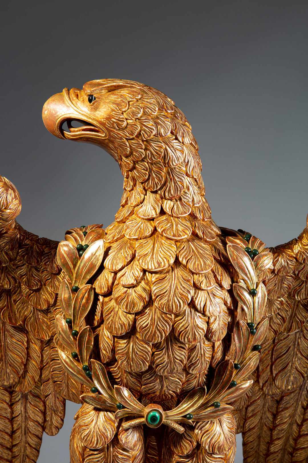 Monumental Carved and Gilded Imperial Eagle with Agate Eyes and Malachite Laurel Wreath