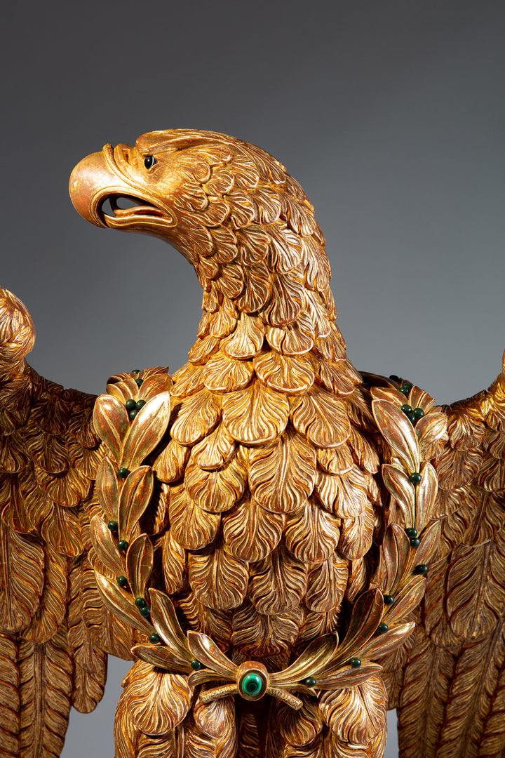 Monumental Carved and Gilded Imperial Eagle with Agate Eyes and Malachite Laurel Wreath