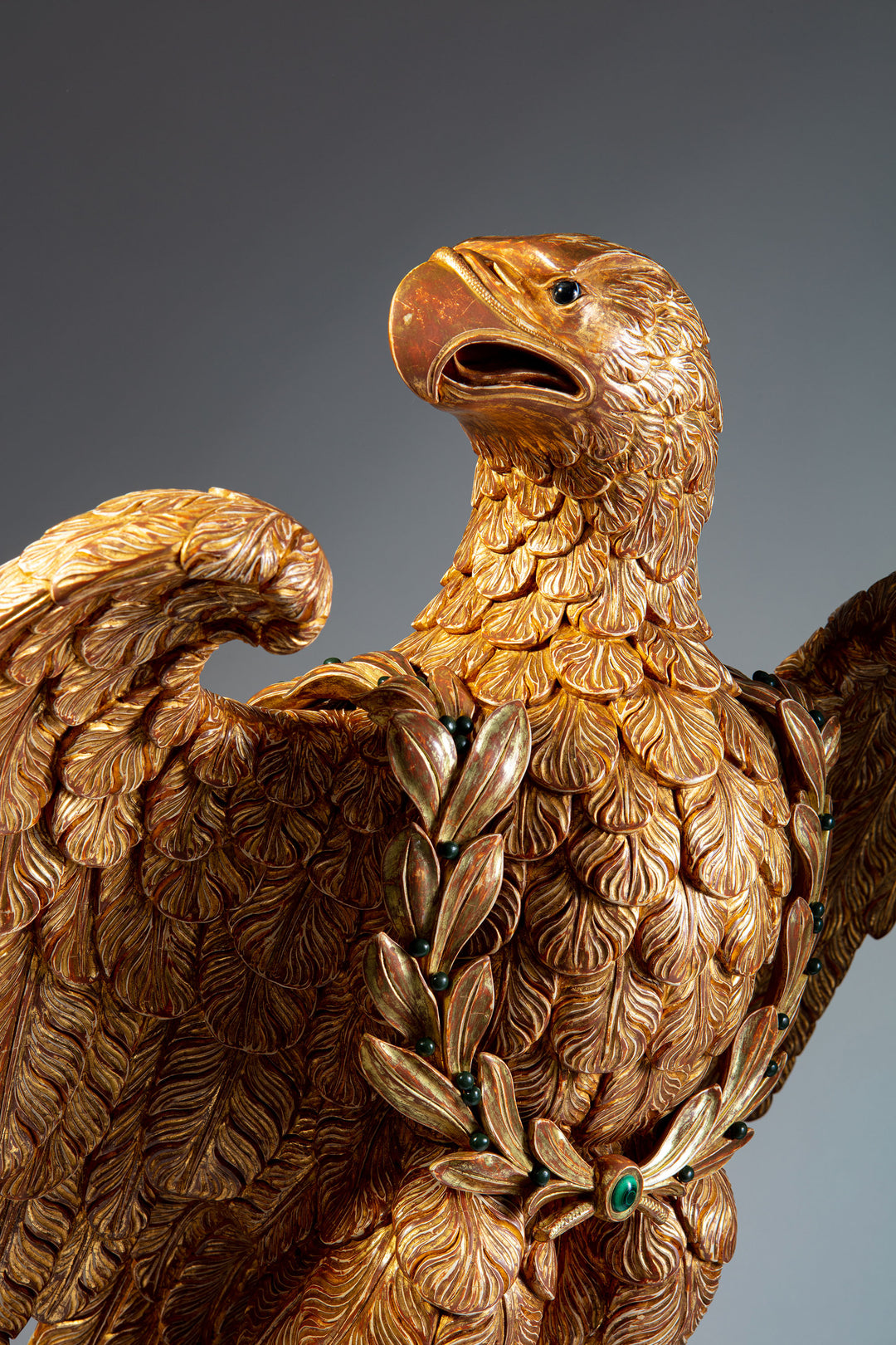 Monumental Carved and Gilded Imperial Eagle with Agate Eyes and Malachite Laurel Wreath