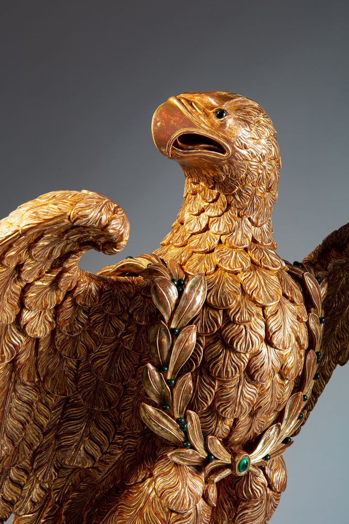 Monumental Carved and Gilded Imperial Eagle with Agate Eyes and Malachite Laurel Wreath
