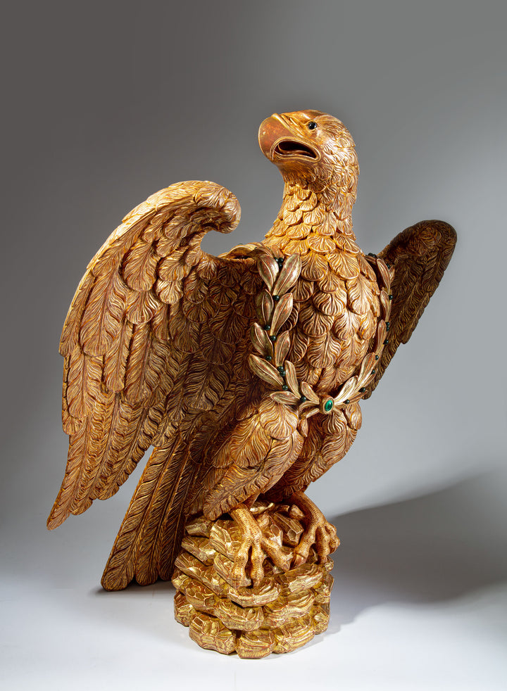 Monumental Carved and Gilded Imperial Eagle with Agate Eyes and Malachite Laurel Wreath