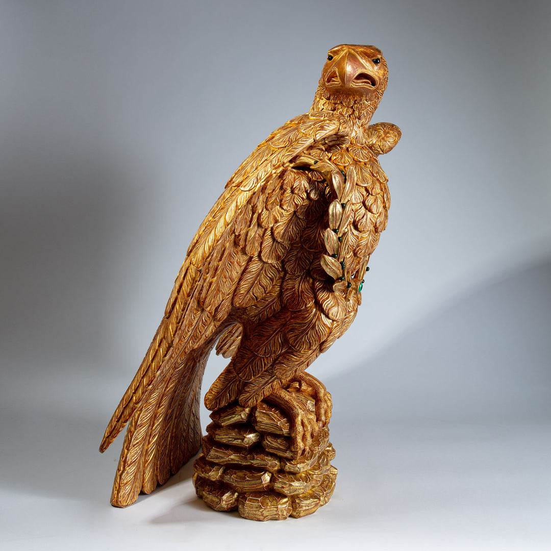 Monumental Carved and Gilded Imperial Eagle with Agate Eyes and Malachite Laurel Wreath