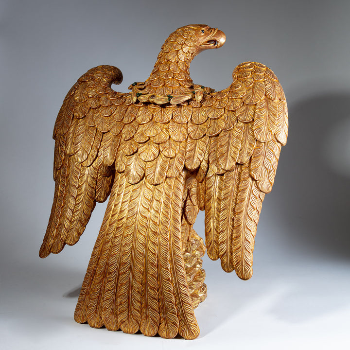 Monumental Carved and Gilded Imperial Eagle with Agate Eyes and Malachite Laurel Wreath