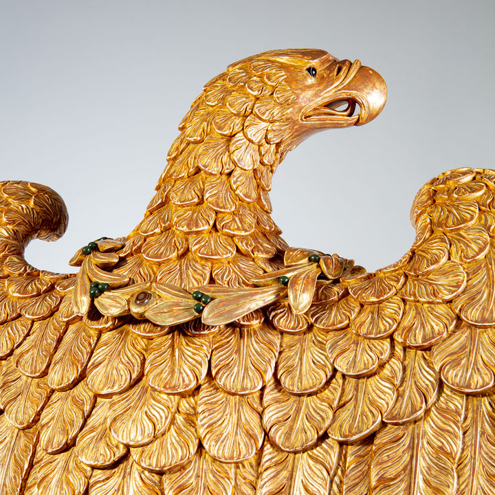 Monumental Carved and Gilded Imperial Eagle with Agate Eyes and Malachite Laurel Wreath