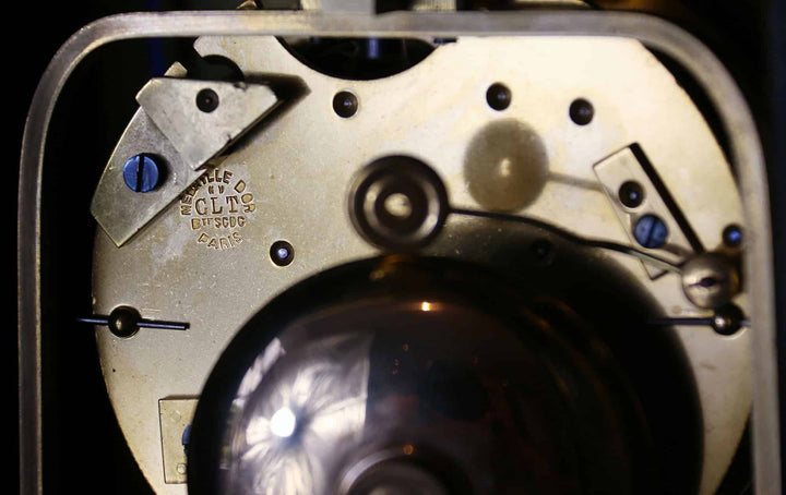 Close-up of Guilmet Industrial Steam Hammer Clock mechanism, circa 1870, offered by Nwtiques