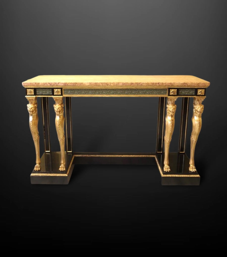 Mid 19th century Holland and Sons giltwood console table with marble top and lion monopodia legs Collection CK40