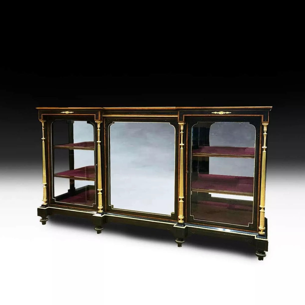 Victorian Lamb of Manchester ebonised and ormolu side cabinet by Nwtiques with mirrored center panel