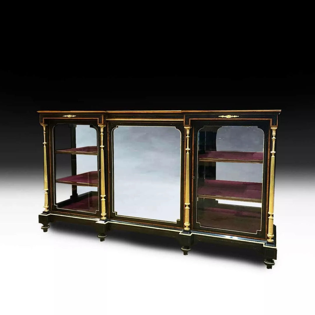Victorian Lamb of Manchester ebonised and ormolu side cabinet by Nwtiques with mirrored center panel